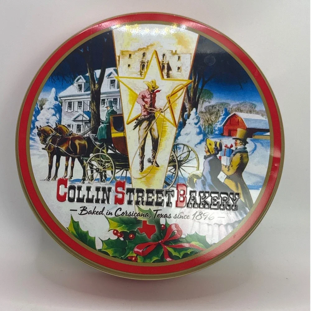 Collin Street Bakery Texas Christmas Fruitcake Tin Vintage Holiday Decor Red